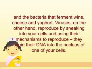 and the bacteria that ferment wine,
cheese and yoghurt. Viruses, on the
 other hand, reproduce by sneaking
    into your cells and using their
  mechanisms to reproduce – they
 squirt their DNA into the nucleus of
           one of your cells,
 