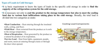 Types of Loads in Cold Storages
It is basic requirement to know the types of loads in the specific cold storage in order to find the
capacity of the refrigeration system for the cold storage.
It is necessary not only to cool the product to the storage temperature but also to meet the cooling
load due to various heat infiltrations taking place in the cold storage. Broadly, the total load is
divided into two categories as under.
Heat Conduction – Heat entering through the insulated
walls, ceiling, and floor;
Field Heat – Heat extracted from the produce as it cools
to the storage temperature;
Heat of Respiration – Heat generated by the produce as
a natural by-product of its respiration;
Service Load – Heat from lights, equipment, people,
and warm, moist air entering through cracks or through
the door when opened.
 
