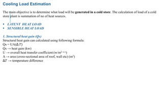 Cooling Load Estimation
The main objective is to determine what load will be generated in a cold store. The calculation of load of a cold
store plant is summation of no of heat sources.
 LATENT HEAT LOAD
 SENSIBLE HEAT LOAD
1. Structural heat gain (Qs)
Structural heat gain can calculated using following formula:
Qs = UA(Δ 𝑇)
Qs → heat gain (kw)
U → overall heat transfer coefficient (w/m2- o c)
A → area (cross-sectional area of roof, wall etc) (m2)
Δ𝑇 → temperature difference
 