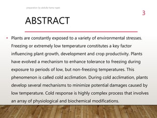 ABSTRACT
• Plants are constantly exposed to a variety of environmental stresses.
Freezing or extremely low temperature constitutes a key factor
influencing plant growth, development and crop productivity. Plants
have evolved a mechanism to enhance tolerance to freezing during
exposure to periods of low, but non-freezing temperatures. This
phenomenon is called cold acclimation. During cold acclimation, plants
develop several mechanisms to minimize potential damages caused by
low temperature. Cold response is highly complex process that involves
an array of physiological and biochemical modifications.
preparation by abdulla hama najeb
3
 