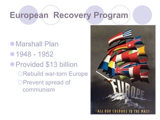 5European  Recovery ProgramMarshall Plan1948 - 1952Provided $13 billionRebuild war-torn EuropePrevent spread of communism