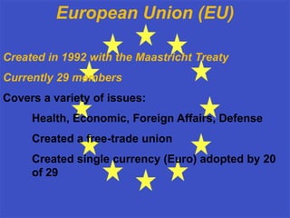59European Union (EU)Created in 1992 with the Maastricht TreatyCurrently 29 membersCovers a variety of issues:	Health, Economic, Foreign Affairs, Defense	Created a free-trade union	Created single currency (Euro) adopted by 20 	of 29