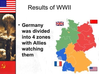 Results of WWII
• Germany
was divided
into 4 zones
with Allies
watching
them

 