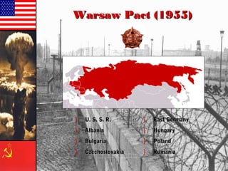 Warsaw Pact (1955)Warsaw Pact (1955)
} U. S. S. R.U. S. S. R.
} AlbaniaAlbania
} BulgariaBulgaria
} CzechoslovakiaCzechoslovakia
} East GermanyEast Germany
} HungaryHungary
} PolandPoland
} RumaniaRumania
 