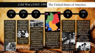 193
8
195
0
194
5
194
8
The Marshall
Plan was an American
initiative to
aid Western Europe,
in which the United
States gave over $12
billion in economic
support to help
rebuild Western
European economies
after the end of World
War II.
The city of Berlin was an
island in the middle of
the Soviet controlled
zone. The west sent
supplies there via
railroads and roads.
However, the Soviets cut
off Berlin from their
external supplies and
food.
Without going to war
or giving up the city
of Berlin, the only
option the western
countries had was to
try and fly in all the
supplies.
The Morgenthau
Plan was created
to eliminate
Germany's ability
to wage war by
eliminating its
armament
industry, and the
removal or
destruction of
other key
industries basic to
military strength.
On May 12, 1949 the
Soviet Union stopped
the blockade and the
airlift was over.
Cold War (1945-1991)The United States of America
The Potsdam
Conference
divided Germany
into 4 parts
include Berlin in
the Soviet Zone.
After Yalta
conference, Soviet
started the Cold
War.
194
7
The Korean War was
fought between South
Korea and communist
North Korea. It was
the first major
conflict of the Cold
War as the Soviet
Union supported
North Korea and the
United States
supported South
Korea. The war ended
with little resolution.
 