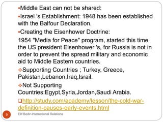 Middle East can not be shared:
Israel 's Establishment: 1948 has been established
with the Balfour Declaration.
Creating the Eisenhower Doctrine:
1954 "Media for Peace" program, started this time
the US president Eisenhower 's, for Russia is not in
order to prevent the spread military and economic
aid to Middle Eastern countries.
Supporting Countries ; Turkey, Greece,
Pakistan,Lebanon,Iraq,Israil.
Not Supporting
Countries:Egypt,Syria,Jordan,Saudi Arabia.
http://study.com/academy/lesson/the-cold-war-
definition-causes-early-events.html
9 Elif Bedir-International Relations
 