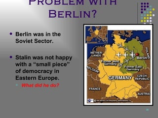 Problem with Berlin? Berlin was in the Soviet Sector. Stalin was not happy with a “small piece” of democracy in Eastern Europe. What did he do?   