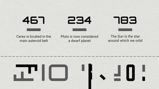 Pluto is now considered
a dwarf planet
234
The Sun is the star
around which we orbit
783
Ceres is located in the
main asteroid belt
467
 