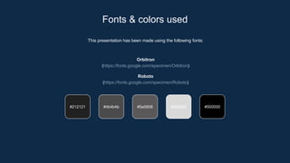 This presentation has been made using the following fonts:
Orbitron
(https://fonts.google.com/specimen/Orbitron)
Roboto
(https://fonts.google.com/specimen/Roboto)
#212121 #4b4b4b #5a5858 #d9d9d9 #000000
Fonts & colors used
 
