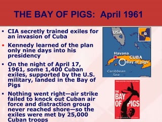 THE BAY OF PIGS: April 1961
 CIA secretly trained exiles for
an invasion of Cuba
• Kennedy learned of the plan
only nine days into his
presidency
 On the night of April 17,
1961, some 1,400 Cuban
exiles, supported by the U.S.
military, landed in the Bay of
Pigs
 Nothing went right—air strike
failed to knock out Cuban air
force and distraction group
never reached shore—so the
exiles were met by 25,000
Cuban troops
 