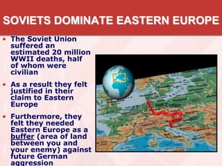 SOVIETS DOMINATE EASTERN EUROPE
• The Soviet Union
suffered an
estimated 20 million
WWII deaths, half
of whom were
civilian
• As a result they felt
justified in their
claim to Eastern
Europe
• Furthermore, they
felt they needed
Eastern Europe as a
buffer (area of land
between you and
your enemy) against
future German
aggression
 
