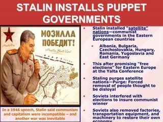 STALIN INSTALLS PUPPET
GOVERNMENTS
• Stalin installed “satellite”
nations—communist
governments in the Eastern
European countries
• Albania, Bulgaria,
Czechoslovakia, Hungary,
Romania, Yugoslavia and
East Germany
• This after promising “free
elections” for Eastern Europe
at the Yalta Conference
• Staling purges satellite
nations—Purge: Forced
removal of people thought to
be disloyal
• Soviets interfered with
elections to insure communist
winner
• Soviets also removed factories,
transportation equipment, and
machinery to restore their own
In a 1946 speech, Stalin said communism
and capitalism were incompatible – and
another war was inevitable
 