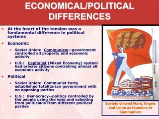 ECONOMICAL/POLITICAL
DIFFERENCES
• At the heart of the tension was a
fundamental difference in political
systems
• Economic
• Soviet Union: Communism—government
controlled all property and economic
activity
• U.S.: Capitalist (Mixed Economy) system
had private citizens controlling almost all
economic activity
• Political
• Soviet Union: Communist Party
established totalitarian government with
no opposing parties
• U.S.: Democracy—politics controlled by
the people using the vote and selecting
from politicians from different political
parties
Soviets viewed Marx, Engels
and Lenin as founders of
Communism
 