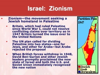 Israel: Zionism
• Zionism—the movement seeking a
Jewish homeland in Palestine
• Britain, which had ruled Palestine
since World War I, could not resolve
conflicting claims over territory so in
1947 Britain turned the issue over to
the United Nations
• The UN plan called for dividing
Palestine into two states—one for
Jews, and other for Arabs—but Arabs
rejected the proposal
• When British forces withdrew in 1948,
David Ben-Gurion and other Jewish
leaders promptly proclaimed the new
state of Israel and both the U.S. and
Soviet Union immediately recognized
the new nation
 