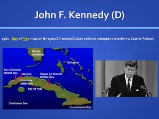 John F. Kennedy (D)
1961 – Bay of Pigs invasion by 1500 CIA-trained Cuban exiles in attempt to overthrow Castro (Failure)

 