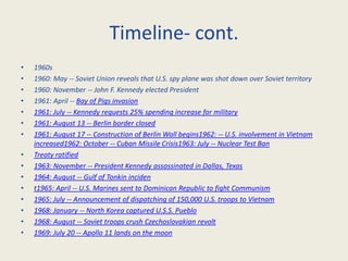 Timeline- cont.
•   1960s
•   1960: May -- Soviet Union reveals that U.S. spy plane was shot down over Soviet territory
•   1960: November -- John F. Kennedy elected President
•   1961: April -- Bay of Pigs invasion
•   1961: July -- Kennedy requests 25% spending increase for military
•   1961: August 13 -- Berlin border closed
•   1961: August 17 -- Construction of Berlin Wall begins1962: -- U.S. involvement in Vietnam
    increased1962: October -- Cuban Missile Crisis1963: July -- Nuclear Test Ban
•   Treaty ratified
•   1963: November -- President Kennedy assassinated in Dallas, Texas
•   1964: August -- Gulf of Tonkin inciden
•   t1965: April -- U.S. Marines sent to Dominican Republic to fight Communism
•   1965: July -- Announcement of dispatching of 150,000 U.S. troops to Vietnam
•   1968: January -- North Korea captured U.S.S. Pueblo
•   1968: August -- Soviet troops crush Czechoslovakian revolt
•   1969: July 20 -- Apollo 11 lands on the moon
 