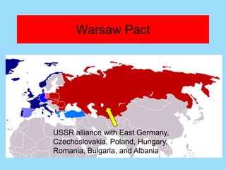Warsaw Pact




USSR alliance with East Germany,
Czechoslovakia, Poland, Hungary,
Romania, Bulgaria, and Albania
 