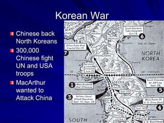 Korean War
Chinese back
North Koreans
300,000
Chinese fight
UN and USA
troops
MacArthur
wanted to
Attack China
 