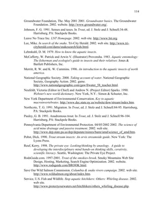 114


Groundwater Foundation, The. May 2001 2001. Groundwater basics. The Groundwater
      Foundation. 2002. website. http://www.groundwater.org/.
Johnson, F. G. 1991. Senses and taxes. In Trout, ed. J. Stolz and J. Schnell:34-48.
      Harrisburg, PA: Stackpole Books.
Leave No Trace Inc. LNT Homepage. 2002. web site. http://www.lnt.org.
Lee, Mike. In search of the snake. Tri-City Herald. 2002. web site. http://www.tri-
      cityherald.com/dams/snakesearch/kids.html.
Lehmkuhl, D. M. 1979. How to know the aquatic insects.
McCafferty, W. Patrick and Arwin V. (Illustrator) Provonsha. 1983. Aquatic entomology:
      The fisherman and ecologist's guide to insects and their relatives: Jones &
      Bartlett Publishers, Inc.
Merritt, R. W. and K. W. Cummins. 1996. An introduction to the aquatic insects of north
        america.
National Geographic Society. 2000. Taking account of water. National Geographic
       Society, Geography Action. 2002. game.
       http://www.nationalgeographic.com/gaw/frwater_58_teacher.html.
Neufeldt, Victoria (Editor in Chief) and Andrew N. (Project Editor) Sparks. 1990.
       Webster's new world dictionary. New York, N.Y.: Simon & Schuster, Inc.
New York Department of Environmental Conservation. Key to aquatic
     macroinvertebrates. http://www.dec.state.ny.us/website/dow/stream/index.htm.
Northcote, T. G. 1991. Migration. In Trout, ed. J. Stolz and J. Schnell:84-95. Harrisburg,
      PA: Stackpole Books.
Pauley, G. B. 1991. Anadromous trout. In Trout, ed. J. Stolz and J. Schnell:96-104.
       Harrisburg, PA: Stackpole Books.
Pennsylvania Department of Environmental Protection. 04/05/2002 2002. The science of
       acid mine drainage and passive treatment. 2002. web site.
       http://www.dep.state.pa.us/dep/deputate/minres/bamr/amd/science_of_amd.htm.
Pobst, Dick. 1990. Trout stream insects: An orvis streamside guide. New York: The
       Lyons Press.
Reuf, Kerry. 1998. The private eye: Looking/thinking by anaology. A guide to
       developing the interdisciplinary mind hands-on thinking skills, cerativity,
       scientific literacy. Seattle, Washington: The Private Eye Project.
RodsGuide.com. 1997-2001. Trout of the smokies-brook. Smoky Mountains Web Site
     Design, Hosting, Marketing, Search Engine Optimization. 2002. website.
     http://www.rodsguide.com/BROOK.html.
Save Our Wild Salmon Commission. Columbia & snake rivers campaign. 2002. web site.
      http://www.wildsalmon.org/about/index.htm.
Service, U.S. Fish and Wildlife. Stop aquatic hitchikers: Others: Whirling disease. 2002.
       web site.
       http://www.protectyourwaters.net/hitchhikers/others_whirling_disease.php.
 