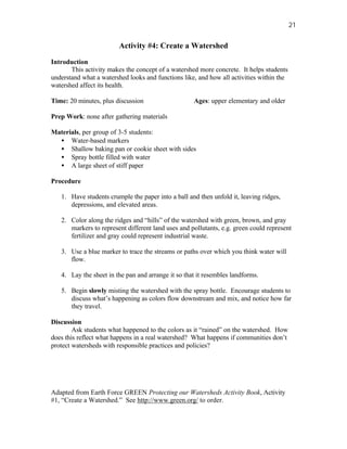 21


                        Activity #4: Create a Watershed

Introduction
       This activity makes the concept of a watershed more concrete. It helps students
understand what a watershed looks and functions like, and how all activities within the
watershed affect its health.

Time: 20 minutes, plus discussion                   Ages: upper elementary and older

Prep Work: none after gathering materials

Materials, per group of 3-5 students:
  • Water-based markers
  • Shallow baking pan or cookie sheet with sides
  • Spray bottle filled with water
  • A large sheet of stiff paper

Procedure

   1. Have students crumple the paper into a ball and then unfold it, leaving ridges,
      depressions, and elevated areas.

   2. Color along the ridges and “hills” of the watershed with green, brown, and gray
      markers to represent different land uses and pollutants, e.g. green could represent
      fertilizer and gray could represent industrial waste.

   3. Use a blue marker to trace the streams or paths over which you think water will
      flow.

   4. Lay the sheet in the pan and arrange it so that it resembles landforms.

   5. Begin slowly misting the watershed with the spray bottle. Encourage students to
      discuss what’s happening as colors flow downstream and mix, and notice how far
      they travel.

Discussion
        Ask students what happened to the colors as it “rained” on the watershed. How
does this reflect what happens in a real watershed? What happens if communities don’t
protect watersheds with responsible practices and policies?




Adapted from Earth Force GREEN Protecting our Watersheds Activity Book, Activity
#1, “Create a Watershed.” See http://www.green.org/ to order.
 