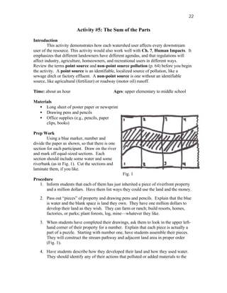 22


                        Activity #5: The Sum of the Parts

Introduction
        This activity demonstrates how each watershed user affects every downstream
user of the resource. This activity would also work well with Ch. 7, Human Impacts. It
emphasizes that different landowners have different agendas, and that regulations will
affect industry, agriculture, homeowners, and recreational users in different ways.
Review the terms point source and non-point source pollution (p. 64) before you begin
the activity. A point source is an identifiable, localized source of pollution, like a
sewage ditch or factory effluent. A non-point source is one without an identifiable
source, like agricultural (fertilizer) or roadway (motor oil) runoff.

Time: about an hour                          Ages: upper elementary to middle school

Materials
  • Long sheet of poster paper or newsprint
  • Drawing pens and pencils
  • Office supplies (e.g., pencils, paper
      clips, books)

Prep Work
        Using a blue marker, number and
divide the paper as shown, so that there is one
section for each participant. Draw on the river
and mark off equal-sized sections. Each
section should include some water and some
riverbank (as in Fig. 1). Cut the sections and
laminate them, if you like.
                                                  Fig. 1
Procedure
   1. Inform students that each of them has just inherited a piece of riverfront property
      and a million dollars. Have them list ways they could use the land and the money.
   2. Pass out “pieces” of property and drawing pens and pencils. Explain that the blue
      is water and the blank space is land they own. They have one million dollars to
      develop their land as they wish. They can farm or ranch; build resorts, homes,
      factories, or parks; plant forests, log, mine—whatever they like.

   3. When students have completed their drawings, ask them to look in the upper left-
      hand corner of their property for a number. Explain that each piece is actually a
      part of a puzzle. Starting with number one, have students assemble their pieces.
      They will construct the stream pathway and adjacent land area in proper order
      (Fig. 1).

   4. Have students describe how they developed their land and how they used water.
      They should identify any of their actions that polluted or added materials to the
 