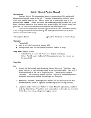 24


                        Activity #6: Just Passing Through
Introduction
         As water flows, it filters through the spaces between grains of dirt and around
plant roots and organic matter in the soil. Vegetation slows this flow, and also keeps
water from washing away the soil. Without plants, soil is to be carried away in the
process called erosion. Erosion is a natural and important geological process, but if too
much vegetation is removed from riparian areas, water carrying soil, organic matter, and
pollutants can cause excess sedimentation in streams and harm aquatic life.
         This activity illustrates the way that vegetation affects water’s movement through
a site. It helps students understand the way that landscape and human activity affect
erosion, and hence water quality.

Time: approx. 50 min.                         Ages: upper elementary to middle school

Materials
  • Playing field
  • Yarn or rope (the length of the playing field)
  • Biodegradable items (such as peanuts) (optional, for Part III only)

Prep Work: approx. 20 min.
      • Set up field as in Slope with Plant Cover diagram (next page)
      • Before Part III, scatter “sediment” of biodegradable items like peanuts and
         leaves on field

Procedure

Part I
    1. Arrange the playing field according to the diagram Slope with Plant Cover (next
       page). Lay yarn or rope as shown to indicate the stream and rapids. Have half of
       the class assemble at one end of the playing field. These students represent
       “raindrops.” The remaining students represent “vegetation” and should position
       themselves somewhere between the raindrops and the stream.

   2. Announce a rainstorm. Raindrops move into the site and quickly walk the most
      direct route to the stream to represent water falling on and flowing over land.

   3. Vegetation on the slope slows the flow of water. Students representing vegetation
      try to tag the raindrops. Vegetation must keep one foot in place, but can pivot and
      stretch their arms (representing roots trapping water).
 