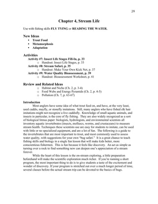29


                             Chapter 4, Stream Life
Use with fishing skills FLY TYING or READING THE WATER.

New Ideas
   •   Trout Food
   •   Metamorphosis
   •   Adaptation

Activities
   Activity #7: Insect Life Stages Fill-In, p. 33
          o Handout: Insect Life Stages, p. 33
   Activity #8: Stream Safari, p. 35
          o Handout: Make Your Own Kick Net, p. 37
   Activity #9: Water Quality Bioassessment, p. 39
          o Handout: Bioassessment Worksheet, p. 41

Review and Related Ideas
           o Habitat and Niche (Ch. 2, p. 3-4)
           o Food Webs and Energy Pyramids (Ch. 2, p. 4-5)
           o Pollution (Ch. 7, p. 63-67)

Introduction
         Most anglers have some idea of what trout feed on, and have, at the very least,
used caddis, mayfly, or stonefly imitations. Still, many anglers who have fished elk hair
imitations might not recognize a live caddisfly. Knowledge of small aquatic animals, and
insects in particular, is the core of fly fishing. They are also widely recognized as a sort
of biological litmus paper: biologists, hydrologists, and environmental scientists all
inventory aquatic invertebrates (insects, molluscs, worms, and crustaceans) to measure
stream health. Techniques these scientists use are easy for students to imitate, can be used
with little or no specialized equipment, and are a lot of fun. The following is a guide to
the invertebrates that are most important to trout, and most commonly used to assess
water quality, with suggestions for your own “bug safari.” It is a great chance to teach
fishing skills and biology in a single fun lesson that will make kids better, more
conscientious fishermen. This is fun because it feels like discovery. An act as simple as
turning over a rock to find something new can deepen one’s appreciation of a stream
forever.
         While the heart of this lesson is the on-stream exploring, a little preparation
beforehand will make the scientific exploration much richer. If you’re running a short
program, the most important thing to do is to give students a taste of the excitement and
wonder of discovery. If your program is stretched out over a much longer period of time,
several classes before the actual stream trip can be devoted to the basics of bugs.
 