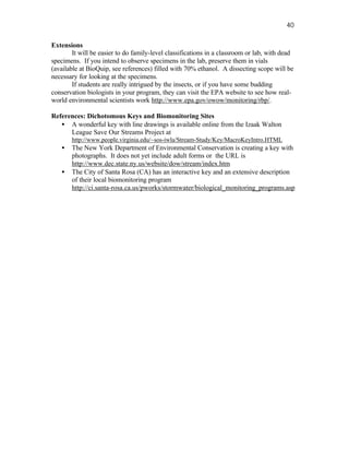40

Extensions
        It will be easier to do family-level classifications in a classroom or lab, with dead
specimens. If you intend to observe specimens in the lab, preserve them in vials
(available at BioQuip, see references) filled with 70% ethanol. A dissecting scope will be
necessary for looking at the specimens.
        If students are really intrigued by the insects, or if you have some budding
conservation biologists in your program, they can visit the EPA website to see how real-
world environmental scientists work http://www.epa.gov/owow/monitoring/rbp/.

References: Dichotomous Keys and Biomonitoring Sites
   • A wonderful key with line drawings is available online from the Izaak Walton
      League Save Our Streams Project at
       http://www.people.virginia.edu/~sos-iwla/Stream-Study/Key/MacroKeyIntro.HTML
   •   The New York Department of Environmental Conservation is creating a key with
       photographs. It does not yet include adult forms or the URL is
       http://www.dec.state.ny.us/website/dow/stream/index.htm
   •   The City of Santa Rosa (CA) has an interactive key and an extensive description
       of their local biomonitoring program
       http://ci.santa-rosa.ca.us/pworks/stormwater/biological_monitoring_programs.asp
 