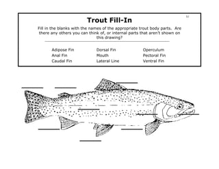 51
                         Trout Fill-In
Fill in the blanks with the names of the appropriate trout body parts. Are
 there any others you can think of, or internal parts that aren’t shown on
                               this drawing?


       Adipose Fin            Dorsal Fin              Operculum
       Anal Fin               Mouth                   Pectoral Fin
       Caudal Fin             Lateral Line            Ventral Fin
 