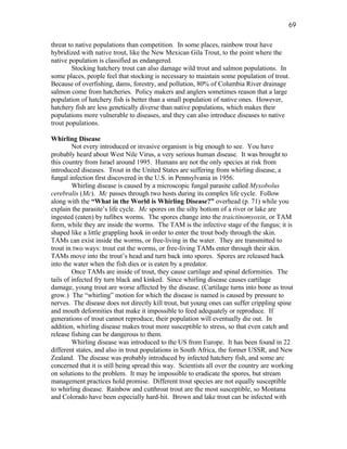 69

threat to native populations than competition. In some places, rainbow trout have
hybridized with native trout, like the New Mexican Gila Trout, to the point where the
native population is classified as endangered.
        Stocking hatchery trout can also damage wild trout and salmon populations. In
some places, people feel that stocking is necessary to maintain some population of trout.
Because of overfishing, dams, forestry, and pollution, 80% of Columbia River drainage
salmon come from hatcheries. Policy makers and anglers sometimes reason that a large
population of hatchery fish is better than a small population of native ones. However,
hatchery fish are less genetically diverse than native populations, which makes their
populations more vulnerable to diseases, and they can also introduce diseases to native
trout populations.

Whirling Disease
         Not every introduced or invasive organism is big enough to see. You have
probably heard about West Nile Virus, a very serious human disease. It was brought to
this country from Israel around 1995. Humans are not the only species at risk from
introduced diseases. Trout in the United States are suffering from whirling disease, a
fungal infection first discovered in the U.S. in Pennsylvania in 1956.
         Whirling disease is caused by a microscopic fungal parasite called Myxobolus
cerebralis (Mc). Mc passes through two hosts during its complex life cycle. Follow
along with the “What in the World is Whirling Disease?” overhead (p. 71) while you
explain the parasite’s life cycle. Mc spores on the silty bottom of a river or lake are
ingested (eaten) by tufibex worms. The spores change into the traictinomyoxin, or TAM
form, while they are inside the worms. The TAM is the infective stage of the fungus; it is
shaped like a little grappling hook in order to enter the trout body through the skin.
TAMs can exist inside the worms, or free-living in the water. They are transmitted to
trout in two ways: trout eat the worms, or free-living TAMs enter through their skin.
TAMs move into the trout’s head and turn back into spores. Spores are released back
into the water when the fish dies or is eaten by a predator.
         Once TAMs are inside of trout, they cause cartilage and spinal deformities. The
tails of infected fry turn black and kinked. Since whirling disease causes cartilage
damage, young trout are worse affected by the disease. (Cartilage turns into bone as trout
grow.) The “whirling” motion for which the disease is named is caused by pressure to
nerves. The disease does not directly kill trout, but young ones can suffer crippling spine
and mouth deformities that make it impossible to feed adequately or reproduce. If
generations of trout cannot reproduce, their population will eventually die out. In
addition, whirling disease makes trout more susceptible to stress, so that even catch and
release fishing can be dangerous to them.
         Whirling disease was introduced to the US from Europe. It has been found in 22
different states, and also in trout populations in South Africa, the former USSR, and New
Zealand. The disease was probably introduced by infected hatchery fish, and some are
concerned that it is still being spread this way. Scientists all over the country are working
on solutions to the problem. It may be impossible to eradicate the spores, but stream
management practices hold promise. Different trout species are not equally susceptible
to whirling disease. Rainbow and cutthroat trout are the most susceptible, so Montana
and Colorado have been especially hard-hit. Brown and lake trout can be infected with
 