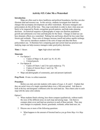 73


                      Activity #15: Color Me a Watershed

Introduction
         Maps are often used to show landforms and political boundaries, but they can also
illustrate land and resource use. In this activity, students investigate how land-use
changes that accompany development can affect watersheds. Resource managers and
policymakers do this all the time. They map watersheds in order to show what areas are
likely to be impacted by floods, extrapolate growth patterns, and help make planning
decisions. An historical sequence of photographs or maps can illustrate population
growth and settlements over time and help plan for the future. Changes in land use can
have dramatic effects on a watershed. Parking lots and homes absorb far less water than
forests and wetlands. These sorts of changes increase runoff and reduce aquifer recharge.
         This activity introduces students to the sorts of maps and data that these
policymakers use. It illustrates how comparing past and current land use practices and
studying maps can help resource managers make good policy decisions.

Time: 1 ½hours                Ages: high school and older

Materials
  • For Option I
          o Copies of Maps A, B, and C (p. 81, 83, 85)
          o Colored pencils
  • For Option II
          o Copies of Charts 1 and 2 for each student (p. 77)
          o Copies of Answer Keys 1 and 2 (p. 79)
          o Calculators
  • Maps and photographs of community, past and present (optional)

Prep Work: 10 min. to collect materials

Procedure
        Before you start, provide students with copies of maps A, B, and C. Explain that
they are aerial views of a single watershed taken over a 100-year period. Ask them to
look at the key and designate a different color for each land use. Have them color in each
map with the same color scheme

Option I
   1. When students finish coloring, have them compare (qualitatively, without math)
       the sizes of the different areas on each map and among maps. Ask them to
       compare plant cover and land use practices in each of these periods. They may
       note changes in croplands, forests, grasslands, wetlands, urban land uses, etc.
   2. Discuss one or more of the following questions:

       •   What happens to the amount of forested land as you go from Map A to Map
           C?
 
