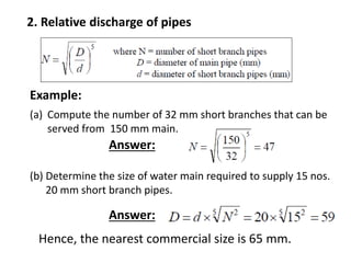 2. Relative discharge of pipes
Example:
(a) Compute the number of 32 mm short branches that can be
served from 150 mm main.
(b) Determine the size of water main required to supply 15 nos.
20 mm short branch pipes.
Answer:
Answer:
Hence, the nearest commercial size is 65 mm.
 