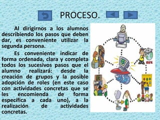 PROCESO. Al dirigirnos a los alumnos describiendo los pasos que deben dar, es conveniente utilizar  la segunda persona.  Es conveniente indicar de forma ordenada, clara y completa todos los sucesivos pasos que el alumno realizará: desde la creación de grupos y la posible adopción de roles (en este caso con actividades concretas que se les encomienda de forma específica a cada uno), a la realización de actividades concretas.  