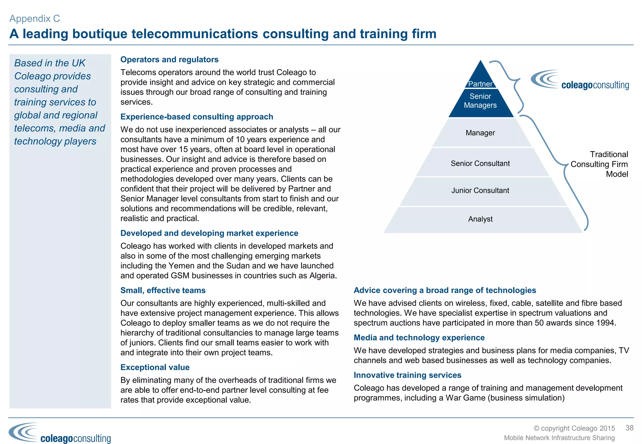 © copyright Coleago 2016
Middle East & Africa (2 of 2)
Country MNO1 MNO2 TowerCo or MNO3 Deal Type Date
DRC Airtel Helios TowerCo Jul-14
Republic of
Congo
Airtel Helios TowerCo Jul-14
Nigeria Etisalat Nigeria IHS Holding TowerCo Aug-14
Nigeria MTN Nigeria IHS Holding TowerCo Sep-14
Israel Cellcom Golan Active (MOCN) Sep-14
Israel Cellcom Pelephone Passive Sep-14
Egypt Orange (MobiNil) Eaton TowerCo Nov-14
Nigeria Airtel ATC TowerCo Nov-14
Rwanda Airtel IHS Holding TowerCo Dec-14
Zambia Airtel IHS Holding TowerCo Dec-14
Tunisia Ooredoo Tunisia Tunisie Telecom Active (MORAN) Oct-15
Burkina Faso Airtel Eaton TowerCo Oct-15
38
Mobile Network Infrastructure Sharing
Similar to the
Americas, there are
still more than 30
African countries
without TowerCos
and an even bigger
opportunity for active
sharing between
MNOs.
With the exception of
Israel, Middle
Eastern operators
have yet to embark
on the TowerCo or
network sharing
journey.
Appendix B
 