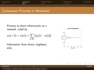 Introduction Consensus SPADE Agents Performance Conclusions
Consensus Process in Networks
Process to share información on a
network, ruled by
xi (t+1) = xi (t)+ε
X
j∈Ni
[xj(t) − xi (t)]
Information from direct neighbors
only
0 20 40 60 80 100
EPOCH
0
0.2
0.4
0.6
0.8
1
VALUE
OLFATI CONSENSUS
@mrebollo VRAIN
Co-Learning: Consensus-based Learning for Multi-Agent Systems
 