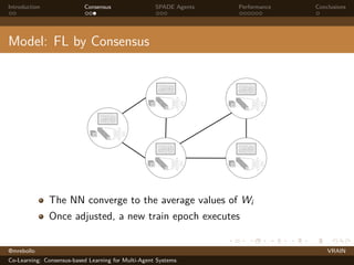 Introduction Consensus SPADE Agents Performance Conclusions
Model: FL by Consensus
The NN converge to the average values of Wi
Once adjusted, a new train epoch executes
@mrebollo VRAIN
Co-Learning: Consensus-based Learning for Multi-Agent Systems
 