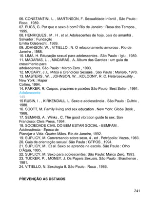 06. CONSTANTINI, L. , MARTINSON, F. Sexualidade Infantil , São Paulo :
Roca , 1989.
07. FUCS, G. Por que o sexo é bom? Rio de Janeiro : Rosa dos Tempos ,
1995.
08. HENRIQUES , M . H . et al. Adolescentes de hoje, pais do amanhã .
Salvador : Fundação
Emilio Odebrecht , 1989.
09. JOHNSON, W. , VITIELLO , N. O relacionamento amoroso . Rio de
Janeiro , 1988.
10. LIMA, H. Educação sexual para adolescentes . São Paulo : Iglu , 1989.
11. MADARAS, L . , MADARAS , A. Álbum das Garotas : um guia de
crescimento para
adolescentes. São Paulo : Marco Zero , 1993.
12. MCCARY, J .L. Mitos e Crendices Sexuais . São Paulo : Manole, 1978.
13. MASTERS , W. , JOHNSON, W. , KOLODNY, R .C. Heterosexuality .
New York : Haper
Collins, 1994.
14. PARKER, R. Corpos, prazeres e paixões São Paulo: Best Seller , 1991.
Adolescente
149
15 RUBIN, I . , KIRKENDALL. L. Sexo e adolescência . São Paulo : Cultrix ,
1980.
16. SCOTT, M. Family living and sex education . New York: Globe Book ,
1988.
17. SEMANS, A . Winks , C. The good vibration guide to sex. San
Francisco: Cleis Press, 1994.
18. SOCIEDADE CIVIL DO BEM ESTAR SOCIAL - BEMFAM .
Adolescência - Época de
Planejar a Vida. Quatro Mãos. Rio de Janeiro, 1992.
19. SUPLICY, M. Conversando sobre sexo. 4 . ed . Petrópolis: Vozes, 1983.
20. Guia de orientação sexual. São Paulo : GTPOS , 1994.
21. SUPLICY, M . Et al. Sexo se aprende na escola. São Paulo : Olho
D’Água, 1995.
22. SUPLICY, M. Sexo para adolescentes. São Paulo: Marco Zero, 1993.
23. TUCKER, P. , MONEY. J. Os Papeis Sexuais, São Paulo : Brasiliense ,
1981.
24. VITIELLO, N. Sexologia II. São Paulo : Roca , 1986.
PREVENÇÃO AS DST/AIDS
241

 