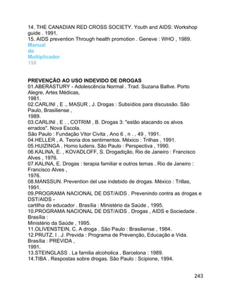 14. THE CANADIAN RED CROSS SOCIETY. Youth and AIDS: Workshop
guide . 1991.
15. AIDS prevention Through health promotion . Geneve : WHO , 1989.
Manual
do
Multiplicador
150
PREVENÇÃO AO USO INDEVIDO DE DROGAS
01.ABERASTURY - Adolescência Normal . Trad. Suzana Ballve. Porto
Alegre, Artes Médicas,
1981.
02.CARLINI , E ., MASUR , J. Drogas : Subsídios para discussão. São
Paulo, Brasiliense ,
1989.
03.CARLINI , E . , COTRIM , B. Drogas 3: "estão atacando os alvos
errados". Nova Escola.
São Paulo : Fundação Vitor Civita , Ano 6 , n . , 49 , 1991.
04.HELLER , A. Teoria dos sentimentos. México : Trilhas , 1991.
05.HUIZINGA . Homo ludens. São Paulo : Perspectiva , 1990.
06.KALINA, E. , KOVADLOFF, S. Drogadição, Rio de Janeiro : Francisco
Alves , 1976.
07.KALINA, E. Drogas : terapia familiar e outros temas . Rio de Janeiro :
Francisco Alves ,
1976.
08.MANSSUN. Prevention del use indebido de drogas. México : Trillas,
1991.
09.PROGRAMA NACIONAL DE DST/AIDS . Prevenindo contra as drogas e
DST/AIDS cartilha do educador . Brasília : Ministério da Saúde , 1995.
10.PROGRAMA NACIONAL DE DST/AIDS . Drogas , AIDS e Sociedade .
Brasília :
Ministério da Saúde , 1995.
11.OLIVENSTEIN, C. A droga . São Paulo : Brasiliense , 1984.
12.PRUTZ, I . J. Previda : Programa de Prevenção, Educação e Vida.
Brasília : PREVIDA ,
1991.
13.STEINGLASS . La familia alcoholica . Barcelona : 1989.
14.TIBA . Respostas sobre drogas. São Paulo : Scipione, 1994.
243

 