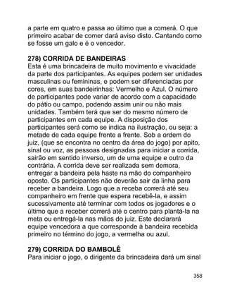 a parte em quatro e passa ao último que a comerá. O que
primeiro acabar de comer dará aviso disto. Cantando como
se fosse um galo e é o vencedor.
278) CORRIDA DE BANDEIRAS
Esta é uma brincadeira de muito movimento e vivacidade
da parte dos participantes. As equipes podem ser unidades
masculinas ou femininas, e podem ser diferenciadas por
cores, em suas bandeirinhas: Vermelho e Azul. O número
de participantes pode variar de acordo com a capacidade
do pátio ou campo, podendo assim unir ou não mais
unidades. Também terá que ser do mesmo número de
participantes em cada equipe. A disposição dos
participantes será como se indica na ilustração, ou seja: a
metade de cada equipe frente a frente. Sob a ordem do
juiz, (que se encontra no centro da área do jogo) por apito,
sinal ou voz, as pessoas designadas para iniciar a corrida,
sairão em sentido inverso, um de uma equipe e outro da
contrária. A corrida deve ser realizada sem demora,
entregar a bandeira pela haste na mão do companheiro
oposto. Os participantes não deverão sair da linha para
receber a bandeira. Logo que a receba correrá até seu
companheiro em frente que espera recebê-la, e assim
sucessivamente até terminar com todos os jogadores e o
último que a receber correrá até o centro para plantá-la na
meta ou entregá-la nas mãos do juiz. Este declarará
equipe vencedora a que corresponde à bandeira recebida
primeiro no término do jogo, a vermelha ou azul.
279) CORRIDA DO BAMBOLÊ
Para iniciar o jogo, o dirigente da brincadeira dará um sinal
358

 