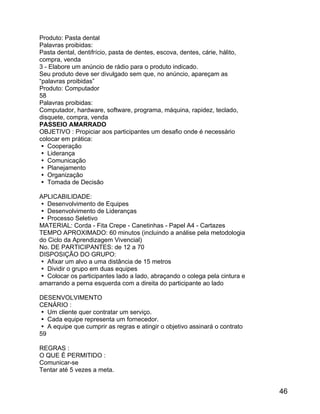 Produto: Pasta dental
Palavras proibidas:
Pasta dental, dentifrício, pasta de dentes, escova, dentes, cárie, hálito,
compra, venda
3 - Elabore um anúncio de rádio para o produto indicado.
Seu produto deve ser divulgado sem que, no anúncio, apareçam as
“palavras proibidas”
Produto: Computador
58
Palavras proibidas:
Computador, hardware, software, programa, máquina, rapidez, teclado,
disquete, compra, venda
PASSEIO AMARRADO
OBJETIVO : Propiciar aos participantes um desafio onde é necessário
colocar em prática:
 Cooperação
 Liderança
 Comunicação
 Planejamento
 Organização
 Tomada de Decisão
APLICABILIDADE:
 Desenvolvimento de Equipes
 Desenvolvimento de Lideranças
 Processo Seletivo
MATERIAL: Corda - Fita Crepe - Canetinhas - Papel A4 - Cartazes
TEMPO APROXIMADO: 60 minutos (incluindo a análise pela metodologia
do Ciclo da Aprendizagem Vivencial)
No. DE PARTICIPANTES: de 12 a 70
DISPOSIÇÃO DO GRUPO:
 Afixar um alvo a uma distância de 15 metros
 Dividir o grupo em duas equipes
 Colocar os participantes lado a lado, abraçando o colega pela cintura e
amarrando a perna esquerda com a direita do participante ao lado
DESENVOLVIMENTO
CENÁRIO :
 Um cliente quer contratar um serviço.
 Cada equipe representa um fornecedor.
 A equipe que cumprir as regras e atingir o objetivo assinará o contrato
59
REGRAS :
O QUE É PERMITIDO :
Comunicar-se
Tentar até 5 vezes a meta.

46

 