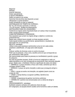 Negociar
Planejar
Exercer liderança
Andar naturalmente
O QUE É PROIBIDO :
Soltar os braços e as cordas
Caminhar fora da linha reta (fazendo curvas)
Ultrapassar a quinta tentativa
Andar arrastando os pés ou saltando
DISTRIBUIÇÃO DO TEMPO DA VIVÊNCIA :
De 15 a 20 minutos (somente a vivência)
15 a 20 minutos : Análise de desempenho
INSTRUÇÕES PARA OS JOGADORES :
Conforme as regras (seria importante fazer um cartaz e fixar na parede,
onde o grupo possa enxergar).
COMO DETERMINAR O VENCEDOR :
A(s) equipe(s) que cumprir as regras atinge o objetivo e vende seu
produto/serviço.
Neste caso, poderá haver empate: as duas equipes vencem.
Cada equipe analisa sua performance, apresentando o resultado da
discussão em um painel final.
RELATO: estratégia
Utilizar cores para expressar sentimentos (uma cor em cada cartaz,
ampliado e plastificado. Um jogo para cada equipe)
60
Colocar cartões de diversas cores no centro do grupo
Pedir que as pessoas, uma a uma, escolha uma cor que corresponda ao
seu sentimento e fale qual foi.
Dar oportunidade para todas as pessoas se manifestarem quando o grupo
for pequeno.
No caso de grandes equipes, dividir a turma em subgrupos e cada um
deles escolherá a cor que corresponde ao sentimento mais marcante daquele
grupo. Neste caso, o facilitador informa o significado de cada uma delas:
 AMARELO: o grupo amarelou e ficou com medo, achando que não ia
conseguir atingir a meta.
 BRANCO: o grupo se sentiu tranqüilo e sabia que conseguiria atingir a
meta.
 AZUL: o grupo se sentiu ora tranqüilo, ora agitado (assim como as
ondas do mar)
 CINZA: o tempo fechou e surgiram conflitos. Sentimo-nos
desmotivados.
 VERDE: a esperança de ganhar nos tornou eufóricos.
 VERMELHO: sentimo-nos emocionados com a vitória de atingir a
meta.
PROCESSAMENTO : estratégia
facilitador prepara cartazes com palavras chave do jogo:
Em subgrupos, as equipes devem avaliar como funcionou cada um destes

47

 