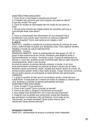 QUESTÕES PARA DISCUSSÃO :
1. Como foi ter a informação e passá-la aos poucos?
2. O trabalho saiu da forma que você imaginou que sairia ao ditá-la?
O que deu errado? Por que?
3. Como foi receber as informações sem ter noção do que sairia no
final?
4. De que outra maneira seu colega poderia ter procedido para que a
comunicação fosse mais eficaz?
80
5. Como é a transmissão das informações em sua empresa? Ela é
semelhante a que ocorreu aqui? Ocorrem os mesmos problemas?
Em que situações? Como você sente-se em relação a isto?
A JAULA
OBJETIVO : trabalhar a resistência à mudança através da vivência de verse
preso a determinadas situações que desejamos evitar. Pode objetivar também
trabalhar a função da cultura organizacional.
MATERIAL : humano
DESENVOLVIMENTO : dividir os participantes em dois grupos (A e B). O
grupo A deve posicionar-se em círculo, mantendo certa distância entre si
(aproximadamente um braço) - formando a jaula. O grupo B representará os
animais e, como tais, deverão circular livremente pela sala (ou pátio) devendo,
necessariamente, entrar e sair da jaula.
Ao sinal do instrutor os animais deverão começar a circular. A um novo
sinal (previamente combinado) as pessoas do grupo A devem dar as mãos,
fechando a jaula e prendendo, assim, aqueles que ficaram dentro do círculo. Os
animais presos passam então a fazer parte da jaula. O jogo reinicia-se e continua
até que sobre apenas um participante ou todos tenham sido aprisionados.
VARIAÇÃO :
1. o grupo A escolhe um líder que irá comandá-los dando o sinal para que
a jaula feche. O sinal pode ser o mesmo em todas as rodadas ou variar a cada
uma, de forma a confundir os demais participantes (animais).
QUESTÕES PARA DISCUSSÃO :
1. Como foi jogar? O que sentimos?
2. Como é ser a jaula? Como é prender os demais?
3. Como é ser preso e obrigado a transformar-se em jaula?
4. Que relação esta atividade tem com o dia-a-dia das empresas?
5. Imaginem que as grades que compunham a jaula são situações
que acontecem na empresa e não controlamos. Como reajo ao ser
“aprisionado” por essas situações? Quais ações executo para
resolvê-las? Quais deveria executar?

APANHAR O BASTÃO
OBJETIVO : apresentação de grupos ou propiciar maior integração.

62

 