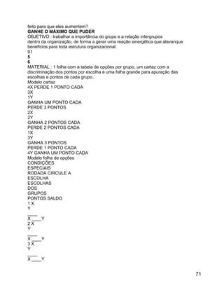 feito para que eles aumentem?
GANHE O MÁXIMO QUE PUDER
OBJETIVO : trabalhar a importância do grupo e a relação intergrupos
dentro da organização, de forma a gerar uma reação sinergética que alavanque
benefícios para toda estrutura organizacional.
91
5
6
MATERIAL : 1 folha com a tabela de opções por grupo, um cartaz com a
discriminação dos pontos por escolha e uma folha grande para apuração das
escolhas e pontos de cada grupo.
Modelo cartaz
4X PERDE 1 PONTO CADA
3X
1Y
GANHA UM PONTO CADA
PERDE 3 PONTOS
2X
2Y
GANHA 2 PONTOS CADA
PERDE 2 PONTOS CADA
1X
3Y
GANHA 3 PONTOS
PERDE 1 PONTO CADA
4Y GANHA UM PONTO CADA
Modelo folha de opções
CONDIÇÕES
ESPECIAIS
RODADA CIRCULE A
ESCOLHA
ESCOLHAS
DOS
GRUPOS
PONTOS SALDO
1X
Y
____
X ____Y
2X
Y
____
X ____Y
3X
Y
____
X ____Y

71

 