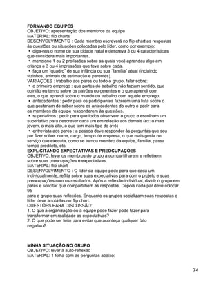 FORMANDO EQUIPES
OBJETIVO: apresentação dos membros da equipe
MATERIAL: flip charts
DESENVOLVIMENTO : Cada membro escreverá no flip chart as respostas
às questões ou situações colocadas pelo líder, como por exemplo:
 diga-nos o nome de sua cidade natal e descreva 3 ou 4 características
que considera mais importantes.
 mencione 1 ou 2 profissões sobre as quais você aprendeu algo em
criança e 3 ou 4 impressões que teve sobre cada.
 faça um “quadro” de sua infância ou sua “família” atual (incluindo
vizinhos, animais de estimação e parentes).
VARIAÇÕES : trabalho aos pares ou todo o grupo, falar sobre:
 o primeiro emprego : que partes do trabalho não faziam sentido, que
opinião eu tenho sobre os patrões ou gerentes e o que aprendi com
eles, o que aprendi sobre o mundo do trabalho com aquele emprego.
 antecedentes : pedir para os participantes fazerem uma lista sobre o
que gostariam de saber sobre os antecedentes do outro e pedir para
os membros da equipe responderem às questões.
 superlativos : pedir para que todos observem o grupo e escolham um
superlativo para descrever cada um em relação aos demais (ex: o mais
jovem, o mais alto, o que tem mais tipo de avô)
 entrevista aos pares : a pessoa deve responder às perguntas que seu
par fizer sobre: nome, cargo, tempo de empresa, o que mais gosta no
serviço que executa, como se tornou membro da equipe, família, passa
tempo predileto, etc.
EXPLICITANDO EXPECTATIVAS E PREOCUPAÇÕES
OBJETIVO: levar os membros do grupo a compartilharem e refletirem
sobre suas preocupações e expectativas.
MATERIAL: flip chart
DESENVOLVIMENTO : O líder da equipe pede para que cada um,
individualmente, reflita sobre suas expectativas para com o projeto e suas
preocupações com os resultados. Após a reflexão individual, dividir o grupo em
pares e solicitar que compartilhem as respostas. Depois cada par deve colocar
95
para o grupo suas reflexões. Enquanto os grupos socializam suas respostas o
líder deve anotá-las no flip chart.
QUESTÕES PARA DISCUSSÃO:
1. O que a organização ou a equipe pode fazer pode fazer para
transformar em realidade as expectativas?
2. O que pode ser feito para evitar que aconteça qualquer fato
negativo?

MINHA SITUAÇÃO NO GRUPO
OBJETIVO: levar à auto-reflexão
MATERIAL: 1 folha com as perguntas abaixo:

74

 