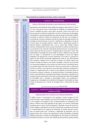 A ação estratégica das escolas portuguesas no desenvolvimento pessoal, social e comunitário dos
alunos durante a pandemia de COVID-19
- 126 -
Desenvolvimento de competências de leitura, escrita e comunicação
Competências
do Perfil dos
Alunos
Descritores
Operativos EXEMPLO 1 - RE(CONTAR-ME)
Na
área
de
Linguagem
e
Textos
os
alunos
utilizam
com
proficiência
a
língua
portuguesa,
aplicam
diferentes
linguagens
adequando-as
a
diferentes
contextos
de
comunicação
dominando
capacidades
nucleares
de
compreensão
e
expressão
nas
modalidades
oral,
escrita,
visual
e
multimodal.
Na
área
Desenvolvimento
Pessoal
e
Autonomia
os
alunos
identificam
necessidade
de
aquisição
de
novas
competências.
Os
alunos
dominam
os
códigos
que
os
capacitam
para
a
leitura
e
para
a
escrita,
expressam
a
sua
mundividência
usando
diversas
linguagens
e
compreendendo
a
sua
importância
nos
processos
de
comunicação
pessoal,
social,
de
aprendizagem
e
pré-profissional;
compreendem,
interpretam
e
expressam
factos,
opiniões,
conceitos,
pensamentos
e
sentimentos,
quer
oralmente,
quer
por
escrito;
são
confiantes,
resilientes
e
persistentes,
construindo
caminhos
personalizados
de
aprendizagem
de
médio
e
longo
prazo.
Porque as dificuldades são desafios ou oportunidades para melhor aprender
Apresentam-se duas dinâmicas desta medida que abrange os alunos de 8.º, 9.º, 10.º e
11.º anos. Na primeira ocorre a dinamização de atividades de storytelling (leitura,
escrita e oralidade) nas quais o aluno revê e reconstrói a forma como conta o seu
percurso pessoal e profissional, projetando o seu futuro. Partem para uma abordagem
transdisciplinar cuja operacionalização está a cargo da equipa formada pelo mediador
contratado no âmbito do PDPSC, dos professores de cada área e da psicóloga. A
construção das narrativas individuais considera princípios da psicologia positiva e da
psicologia de desenvolvimento da carreira, trabalhando as adaptações ao longo da
carreira através de emoções positivas, suporte social e agenciamento pessoal. A
segunda dinâmica exemplificativa leva a que os alunos após reflexão conjunta
escrevam, individualmente, frases nas quais reconhecem os valores e princípios que a
sua escola lhes incute. Cada valor é distribuído aleatoriamente por um grupo de três a
quatro alunos que têm que encontrar e fotografar algo na escola que o ilustre. Esta
aleatoriedade na atribuição dos valores obriga os alunos a refletirem sob o ponto de
vista do colega e a enriquecerem as suas aprendizagens na busca dos registos
fotográficos. Na segunda hora os alunos apresentam as suas fotos e o porquê de se
ligarem ao valor que lhes foi atribuído. Seguidamente, realiza-se uma última dinâmica
para consolidar a reflexão. Dá-se a cada aluno um balão e um alfinete. Pede-se que
encham um balão com todos os seus sonhos e ambições e, feito isto, diz-se que têm
um minuto para protegerem os seus sonhos sem saírem da sala. Esta dinâmica possui
uma grande riqueza, pois além de permitir mostrar aos alunos quais os valores que
puseram em prática, ou que ignoraram, permite também ajudá-los a compreender a
empatia e o respeito pelo outro e cumpre um dos objetivos do Perfil dos Alunos ao
encorajá-los a vivenciar, realmente, um conjunto de valores. As atividades de leitura,
escrita e desenvolvimento socioemocional pretendem desenvolver competências de
trabalho de grupo e pensamento crítico e têm a colaboração do Projeto de Investigação
de Dificuldades para a Evolução na Aprendizagem (IDEA), cuja coordenação é
assegurada por investigadora da Faculdade de Psicologia da Universidade de Lisboa,
através de protocolo com o Centro de Psicologia Clínica e Educacional de Lisboa
(LISPSI).
Escola Profissional de Desenvolvimento Rural de Alter do Chão
EXEMPLO 2 - PASSAPORTE PARA O SUCESSO: LITERACIA EMERGENTE E
FLUÊNCIA LEITORA
Porque aprender a ler e a escrever é um contínuo encantamento
O PDPSC permitiu a contratação de uma psicóloga a tempo completo que fica
totalmente afeta a estas atividades. Com esta técnica colaboram também a psicóloga
e uma estagiária de Psicologia do SPO. O desenvolvimento de competências pré-
leitoras e leitoras ocorre pela aplicação de duas ações: a) A primeira, denominada
Passaporte para o sucesso: Literacia emergente é destinada a alunos do Ensino Pré-
Escolar. Engloba a realização de um rastreio universal sobre competências pré-leitoras
e a implementação de um programa de intervenção. As sessões semanais ocorrem,
quer em grande grupo (com a presença e colaboração da educadora), quer em
pequeno grupo com os alunos que apresentaram maiores dificuldades. A aplicação
MIMepe (construída no âmbito das Metodologias de Intervenção em Matosinhos-
Educação Pré-Escolar) é o recurso mais utilizado, através do qual as crianças realizam
 