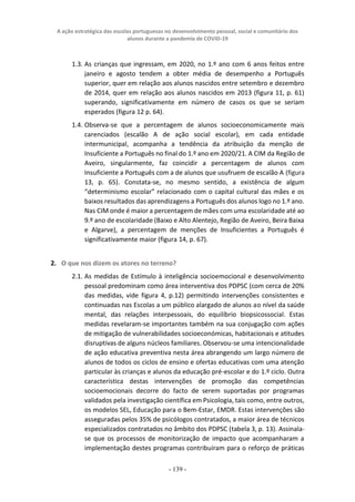 A ação estratégica das escolas portuguesas no desenvolvimento pessoal, social e comunitário dos
alunos durante a pandemia de COVID-19
- 139 -
1.3. As crianças que ingressam, em 2020, no 1.º ano com 6 anos feitos entre
janeiro e agosto tendem a obter média de desempenho a Português
superior, quer em relação aos alunos nascidos entre setembro e dezembro
de 2014, quer em relação aos alunos nascidos em 2013 (figura 11, p. 61)
superando, significativamente em número de casos os que se seriam
esperados (figura 12 p. 64).
1.4. Observa-se que a percentagem de alunos socioeconomicamente mais
carenciados (escalão A de ação social escolar), em cada entidade
intermunicipal, acompanha a tendência da atribuição da menção de
Insuficiente a Português no final do 1.º ano em 2020/21. A CIM da Região de
Aveiro, singularmente, faz coincidir a percentagem de alunos com
Insuficiente a Português com a de alunos que usufruem de escalão A (figura
13, p. 65). Constata-se, no mesmo sentido, a existência de algum
“determinismo escolar” relacionado com o capital cultural das mães e os
baixos resultados das aprendizagens a Português dos alunos logo no 1.º ano.
Nas CIM onde é maior a percentagem de mães com uma escolaridade até ao
9.º ano de escolaridade (Baixo e Alto Alentejo, Região de Aveiro, Beira Baixa
e Algarve), a percentagem de menções de Insuficientes a Português é
significativamente maior (figura 14, p. 67).
2. O que nos dizem os atores no terreno?
2.1. As medidas de Estímulo à inteligência socioemocional e desenvolvimento
pessoal predominam como área interventiva dos PDPSC (com cerca de 20%
das medidas, vide figura 4, p.12) permitindo intervenções consistentes e
continuadas nas Escolas a um público alargado de alunos ao nível da saúde
mental, das relações interpessoais, do equilíbrio biopsicossocial. Estas
medidas revelaram-se importantes também na sua conjugação com ações
de mitigação de vulnerabilidades socioeconómicas, habitacionais e atitudes
disruptivas de alguns núcleos familiares. Observou-se uma intencionalidade
de ação educativa preventiva nesta área abrangendo um largo número de
alunos de todos os ciclos de ensino e ofertas educativas com uma atenção
particular às crianças e alunos da educação pré-escolar e do 1.º ciclo. Outra
característica destas intervenções de promoção das competências
socioemocionais decorre do facto de serem suportadas por programas
validados pela investigação científica em Psicologia, tais como, entre outros,
os modelos SEL, Educação para o Bem-Estar, EMDR. Estas intervenções são
asseguradas pelos 35% de psicólogos contratados, a maior área de técnicos
especializados contratados no âmbito dos PDPSC (tabela 3, p. 13). Assinala-
se que os processos de monitorização de impacto que acompanharam a
implementação destes programas contribuíram para o reforço de práticas
 