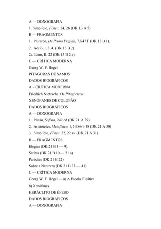 A — DOXOGRAFIA
1. Simplício, Física, 24, 26 (DK 13 A 5)
B — FRAGMENTOS
1. Plutarco, De Primo Frigido, 7.947 F (DK 13 B 1).
2. Aécio, I, 3, 4. (DK 13 B 2)
2a. Idem, II, 22 (DK 13 B 2 a)
C — CRÍTICA MODERNA
Georg W. F. Hegel
PITÁGORAS DE SAMOS
DADOS BIOGRÁFICOS
A ~ CRÍTICA MODERNA
Friedrich Nietzsche, Os Pitagóricos
XENÓFANES DE COLOFÃO
DADOS BIOGRÁFICOS
A — DOXOGRAFIA
1. Platão, Sofista, 242 cd (DK 21 A 29)
2. Aristóteles, Metafísica, I, 5.986 b 18 (DK 21 A 30)
3. Simplício, Física, 22, 22 ss. (DK 21 A 31)
B — FRAGMENTOS
Elegias (DK 21 B 1 — 9).
Sátiras (DK 21 B 10 — 21 a)
Paródias (DK 21 B 22)
Sobre a Natureza (DK 21 B 23 — 41).
C — CRÍTICA MODERNA
Georg W. F. Hegel — a) A Escola Eleática
b) Xenófanes
HERÁCLITO DE ÉFESO
DADOS BIOGRÁFICOS
A — DOXOGRAFIA
 