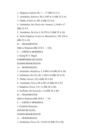 1. Diógenes Laércio, IX, 1 — 17 (DK 22 A 1)
2. Aristóteles, Retórica, III, 5.1407 b 11 (DK 22 A 4)
3. Platão, Crátilo, p. 402 A (DK 22 A 6)
4. Aristóteles, Das Partes dos Animais, I, 5.645 a 17
(DK 22 A 9
5. Aristóteles, Do Céu, I, 10.279 b 12 (DK 22 A 10)
6. Sexto Empírico, Contra os Matemáticos, VII, 126 ss
(DK 22 A 16)
B — FRAGMENTOS
Sobre a Natureza (DK 21 B 1 — 126)
C — CRÍTICA MODERNA
1. Georg W. F. Hegel
PARMÊNIDES DE ELÉIA
DADOS BIOGRÁFICOS
A — DOXOGRAFIA
1. Aristóteles, Metafísica, I, 5.986 b 18 (DK 28 A 24)
2. Aristóteles, Do Céu, III, 1.298 b 14 (DK 28 A 25)
3. Platão, Teeteto, 181 a (DK 28 A 26)
4. Aristóteles, Física, III, 6.207 a 9 (DK 28 A 27)
5. Simplício, Física, 115, 11 (DK 28 A 28)
6. Teofrasto, Da Sensação, 1 ss (DK 28 A 46)
B — FRAGMENTOS
Sobre a Natureza (DK 28 B 1 — 19)
C — CRÍTICA MODERNA
1. Friedrich Nietzsche
ZENÃO DE ELÉIA
DADOS BIOGRÁFICOS
A — DOXOGRAFIA
1. Aristóteles, Física, IV, 3.210 b 22 (DK 29 A 24).
 
