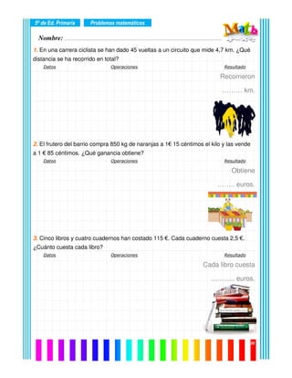 Nombre: ………………………………………………………………………………………….………………….
5º de Ed. Primaria
09
1. En una carrera ciclista se han dado 45 vueltas a un circuito que mide 4,7 km. ¿Qué
distancia se ha recorrido en total?
Datos Operaciones Resultado
Recorrieron
……… km.
2. El frutero del barrio compra 850 kg de naranjas a 1€ 15 céntimos el kilo y las vende
a 1 € 85 céntimos. ¿Qué ganancia obtiene?
Datos Operaciones Resultado
Obtiene
…….. euros.
3. Cinco libros y cuatro cuadernos han costado 115 €. Cada cuaderno cuesta 2,5 €.
¿Cuánto cuesta cada libro?
Datos Operaciones Resultado
Cada libro cuesta
……….. euros.
Problemas matemáticos
 