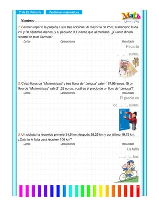 Nombre: ………………………………………………………………………………………….………………….
5º de Ed. Primaria
11
1. Carmen reparte la propina a sus tres sobrinos. Al mayor le da 25 €; al mediano le da
2 € y 50 céntimos menos, y al pequeño 3 € menos que al mediano. ¿Cuánto dinero
reparte en total Carmen?
Datos Operaciones Resultado
Reparte
……… euros.
2. Cinco libros de “Matemáticas” y tres libros de “Lengua” valen 167,95 euros. Si un
libro de “Matemáticas” vale 21,35 euros, ¿cuál es el precio de un libro de “Lengua”?
Datos Operaciones Resultado
El precio es
de …….. euros.
3. Un ciclista ha recorrido primero 34,5 km, después 28,25 km y por último 19,75 km.
¿Cuánto le falta para recorrer 100 km?
Datos Operaciones Resultado
La falta
……….. km.
Problemas matemáticos
 